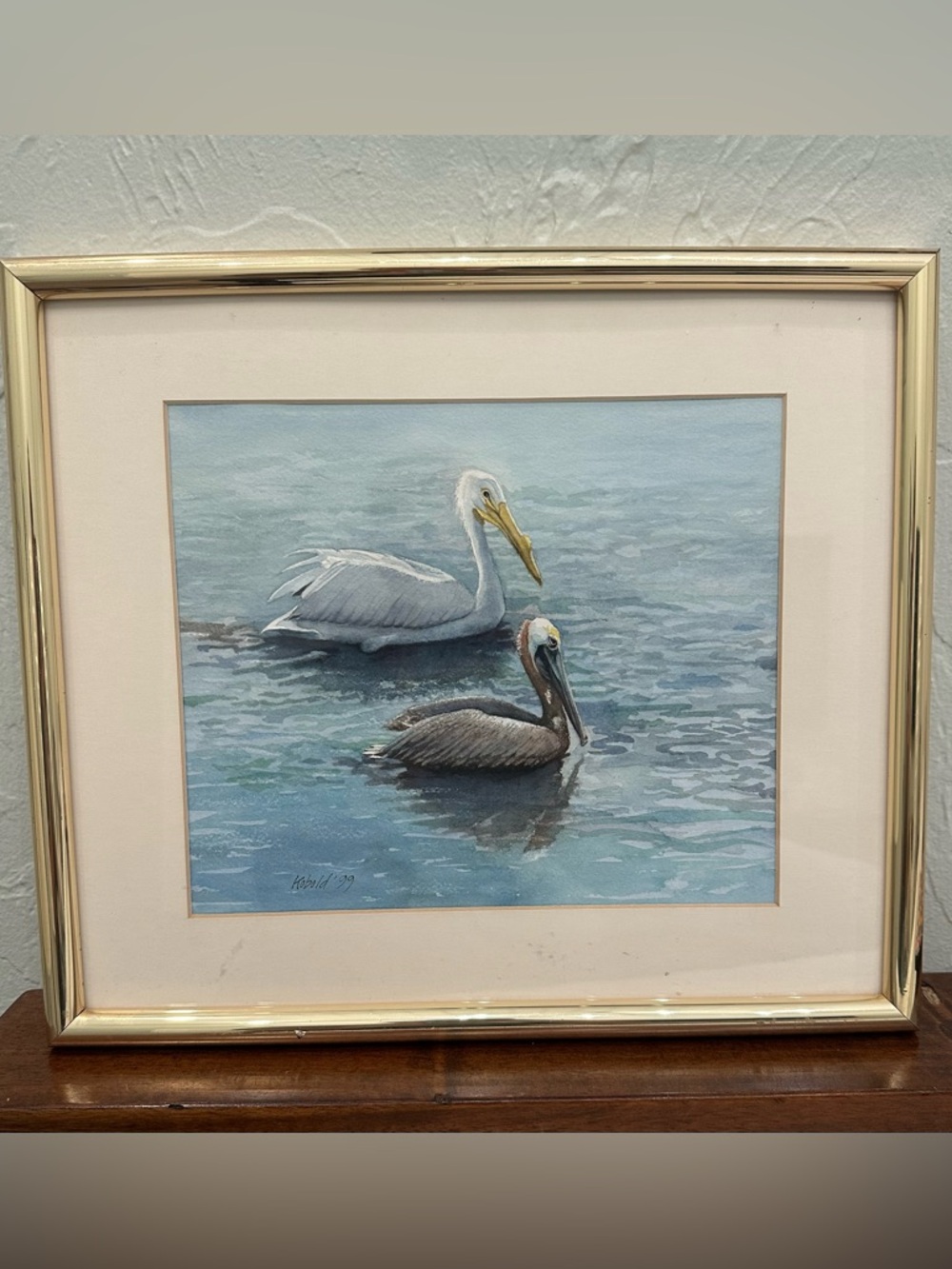 Framed Pelican Watercolor painting in Blue and White
